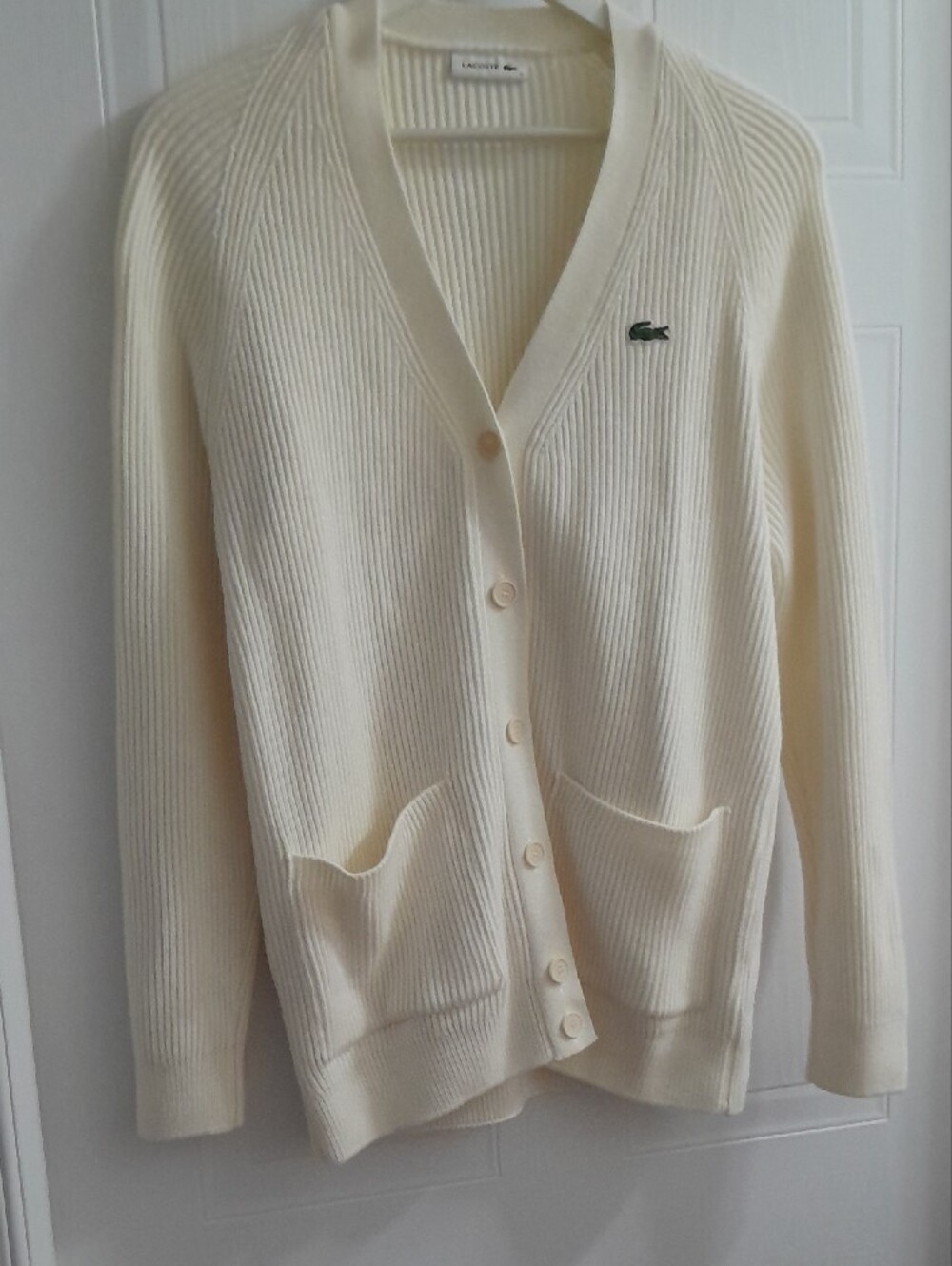 Lacoste Ivory Ribbed Open-Front Cardigan - Picture 2 of 5